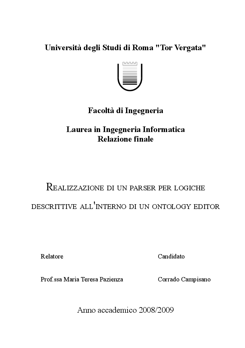 Anteprima della tesi: Realizzazione di un parser per Logiche Descrittive all'interno di un Ontology Editor, Pagina 1