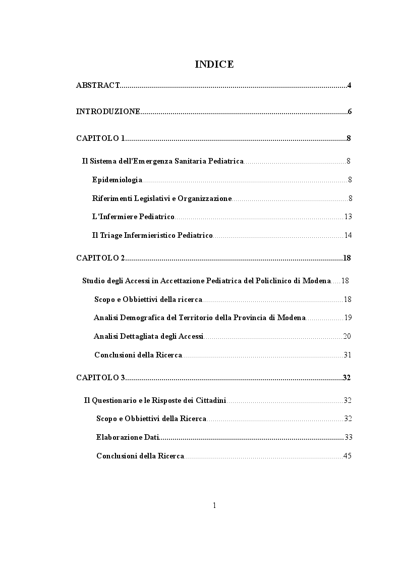 Indice della tesi: Overcrowding presso i Punti di Primo Intervento Pediatrici: Analisi dei Dati e Strategie di Risoluzione, Pagina 1