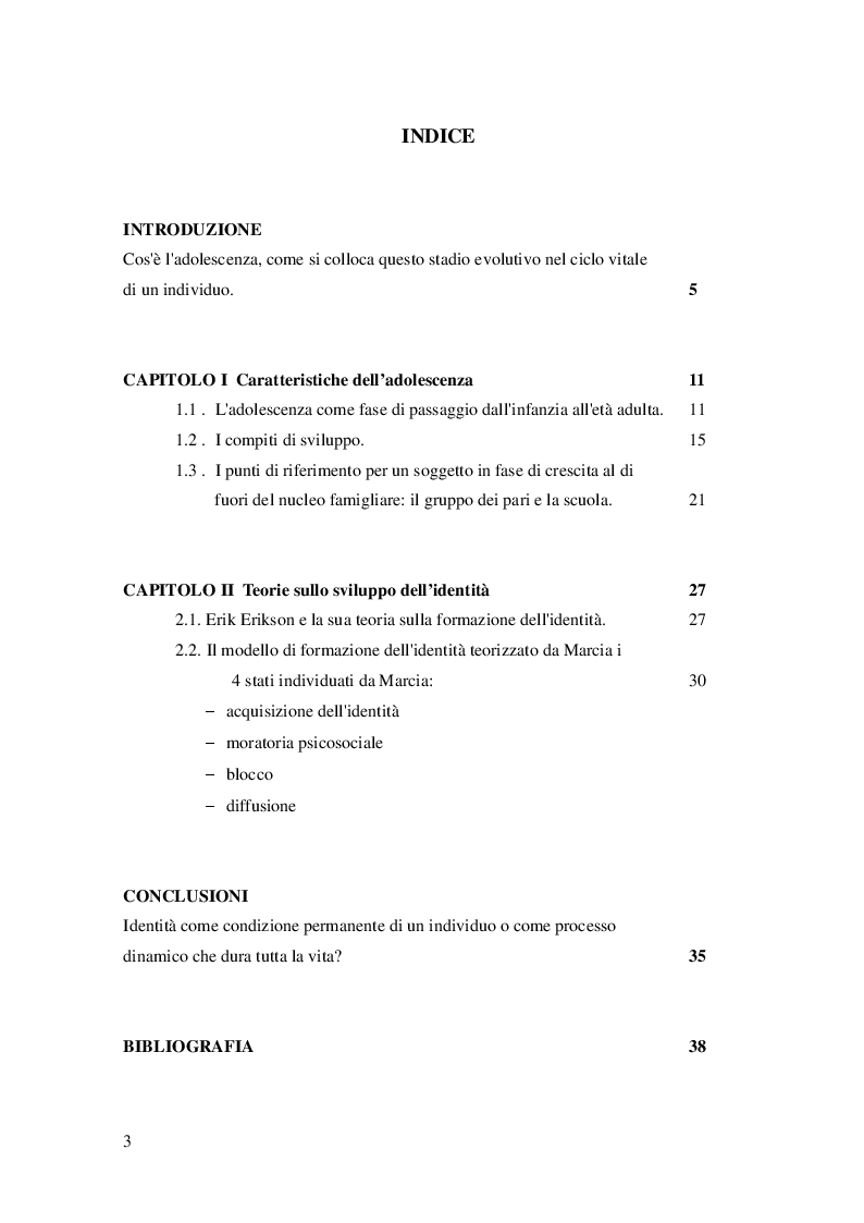 Indice della tesi: La Costruzione dell'Identità in Adolescenza, Pagina 1