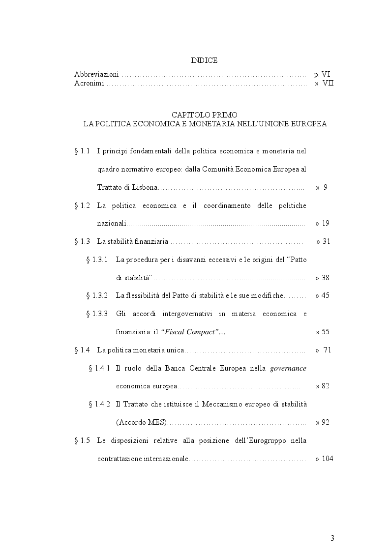 Indice della tesi: La governance economica europea e il ruolo delle organizzazioni finanziarie internazionali, Pagina 1