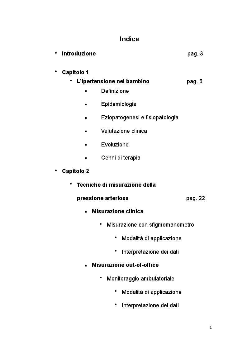 Indice della tesi: Impatto dell’impiego del monitoraggio ambulatoriale della pressione arteriosa delle 24 ore nella diagnosi dell’ipertensione nel bambino, Pagina 1