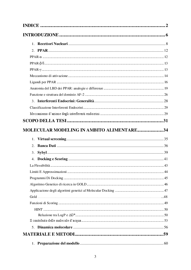 Indice della tesi: Studio computazionale delle interazioni fra il sistema PPAR e molecole di interesse alimentare, Pagina 1