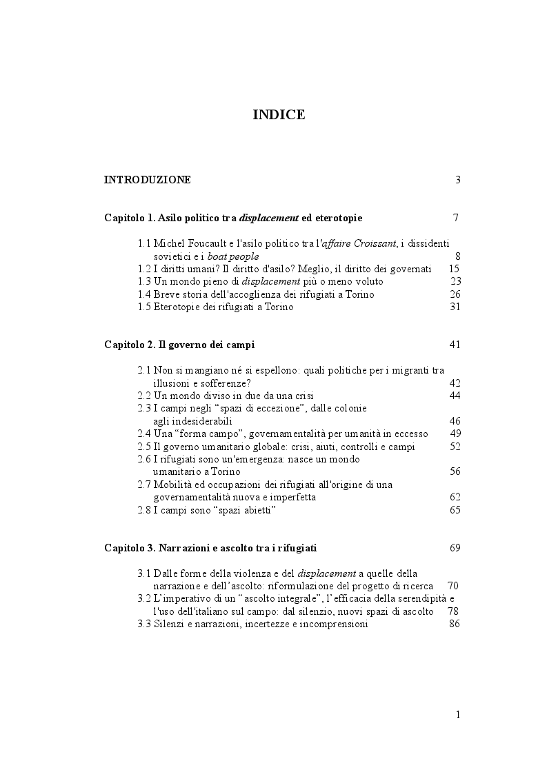 Indice della tesi: Invisibile e indesiderabili - Un'etnografia politica della condizione dei rifugiati a Torino, Pagina 1