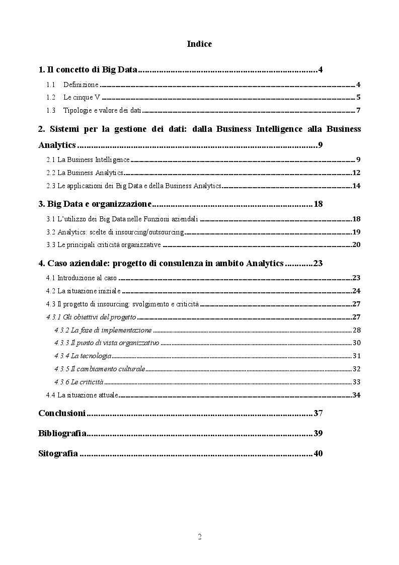 Indice della tesi: Big Data & Business Analytics, il nuovo motore del successo competitivo, Pagina 1