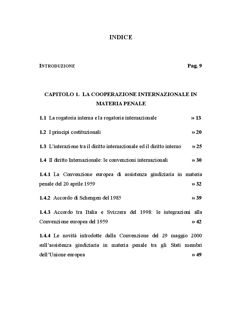Indice della tesi: La Rogatoria nel Processo Penale, Pagina 1
