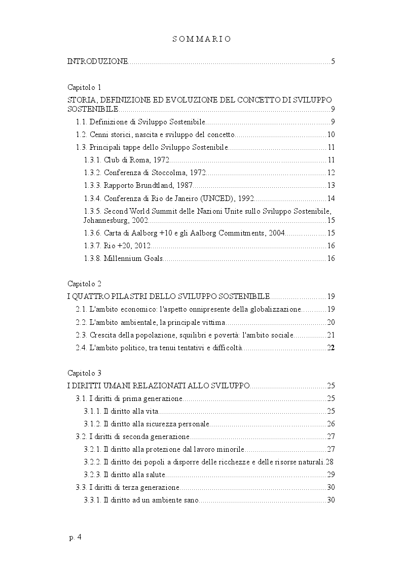 Indice della tesi: Sviluppo sostenibile: profili di giustificazione nella prospettiva dei Diritti Umani, Pagina 1