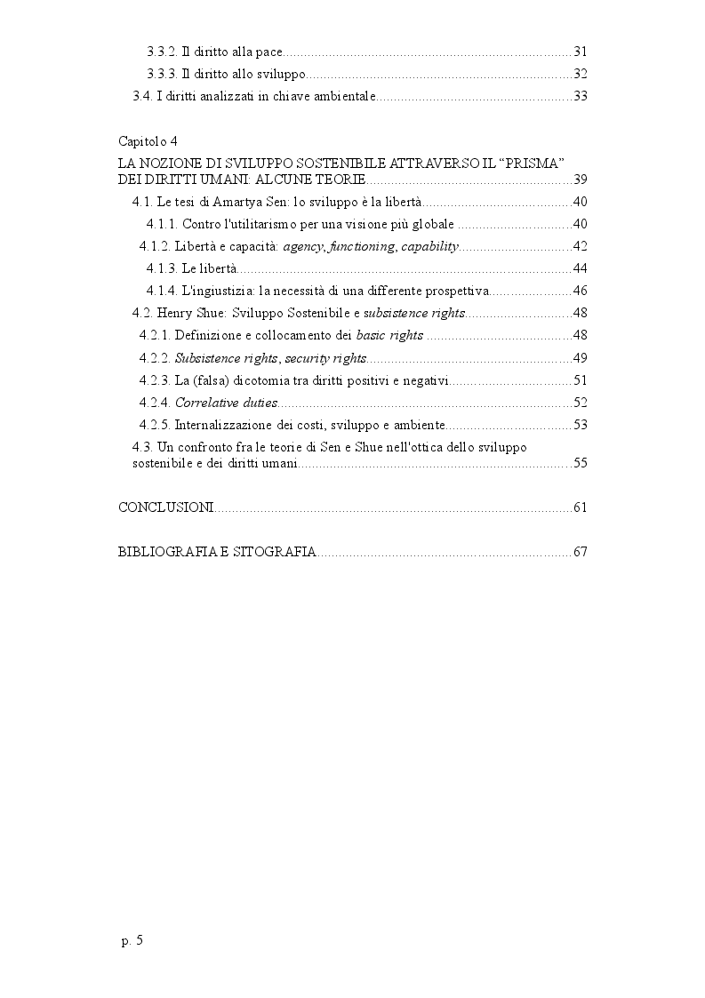 Indice della tesi: Sviluppo sostenibile: profili di giustificazione nella prospettiva dei Diritti Umani, Pagina 2