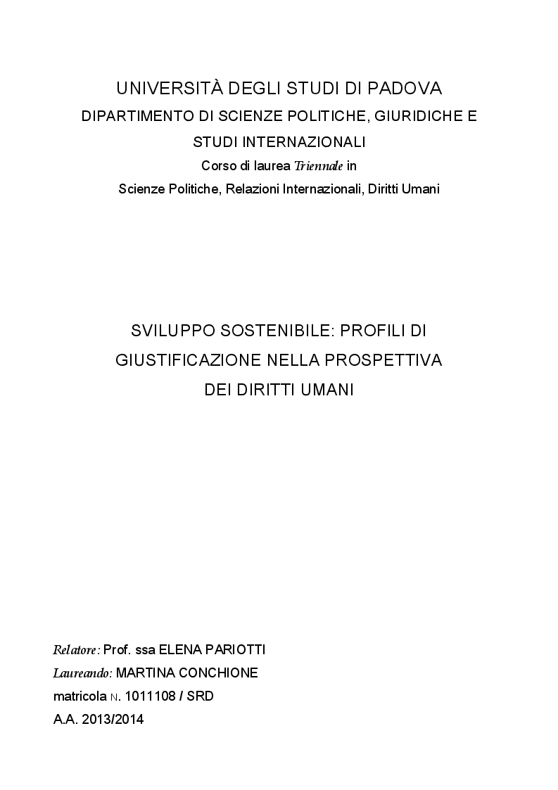 Anteprima della tesi: Sviluppo sostenibile: profili di giustificazione nella prospettiva dei Diritti Umani, Pagina 1