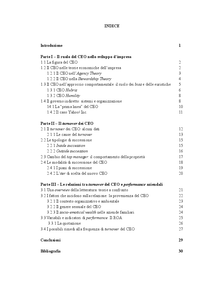 Indice della tesi: Turnover CEO e performance aziendali, Pagina 1