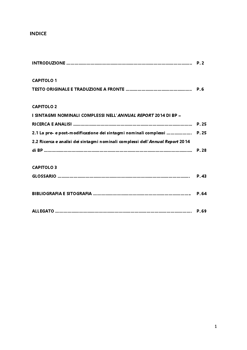 Indice della tesi: Pre - e post-modificazione nei sintagmi nominali complessi dei testi economici: L'annual report 2014 di BP, Pagina 1