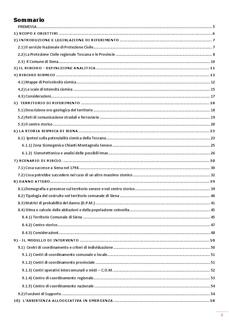 Indice della tesi: Possibile impatto di un massimo sismico in una città monumento. Analisi e individuazione delle aree di immediata emergenza e assistenza per la popolazione del Comune di Siena, Pagina 1