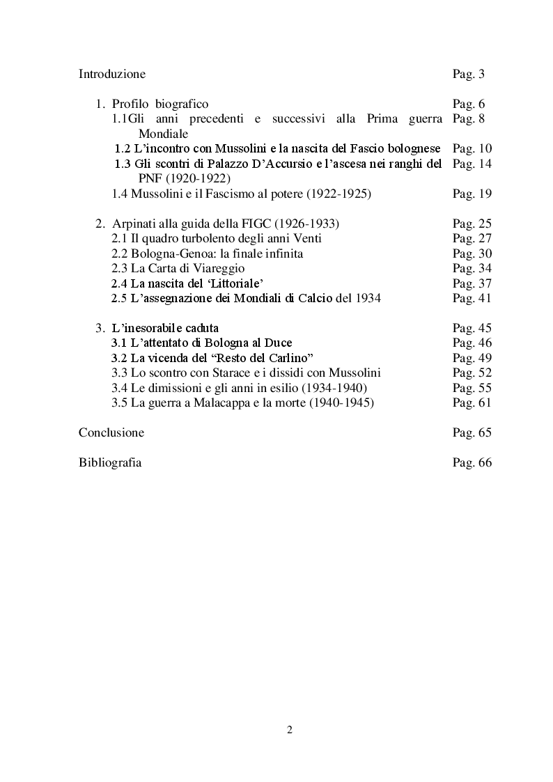 Indice della tesi: Leandro Arpinati. Un gerarca fascista fra calcio e politica, Pagina 1