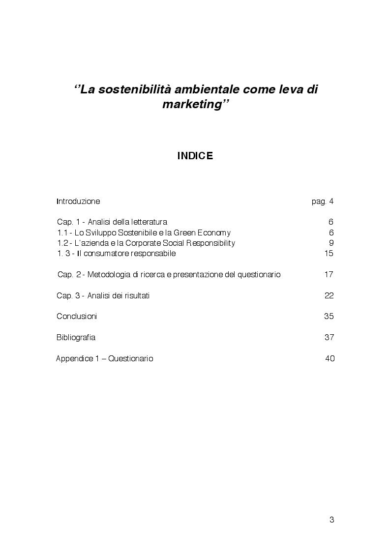Indice della tesi: La Sostenibilità Ambientale come leva di Marketing, Pagina 1