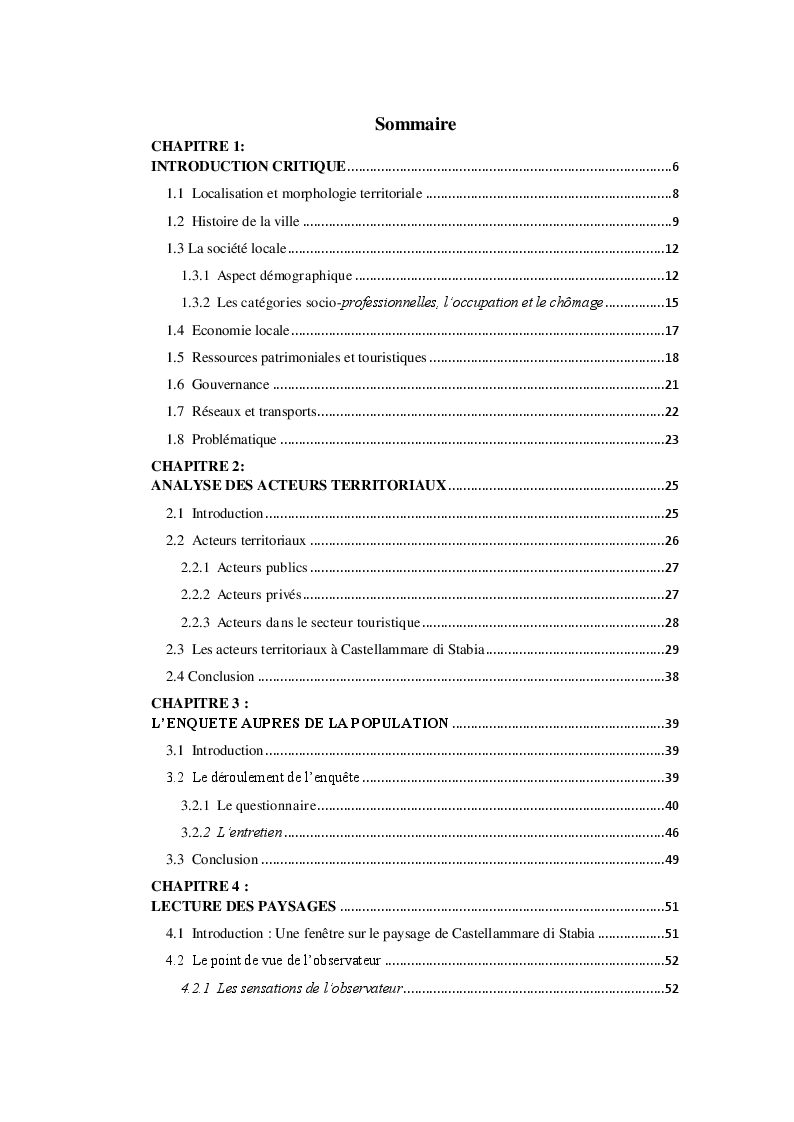 Indice della tesi: Castellammare di Stabia: analyses, stratégies et perspectives de développement au cours de la crise économique, Pagina 1