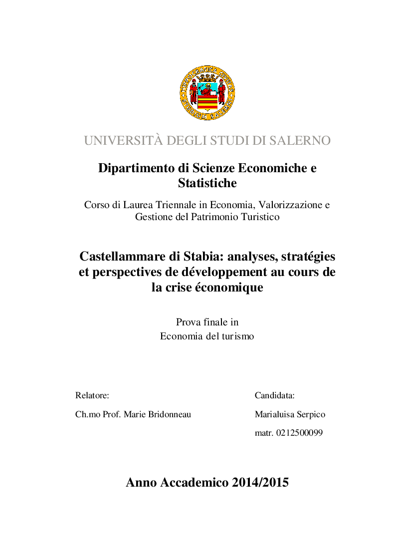 Anteprima della tesi: Castellammare di Stabia: analyses, stratégies et perspectives de développement au cours de la crise économique, Pagina 1