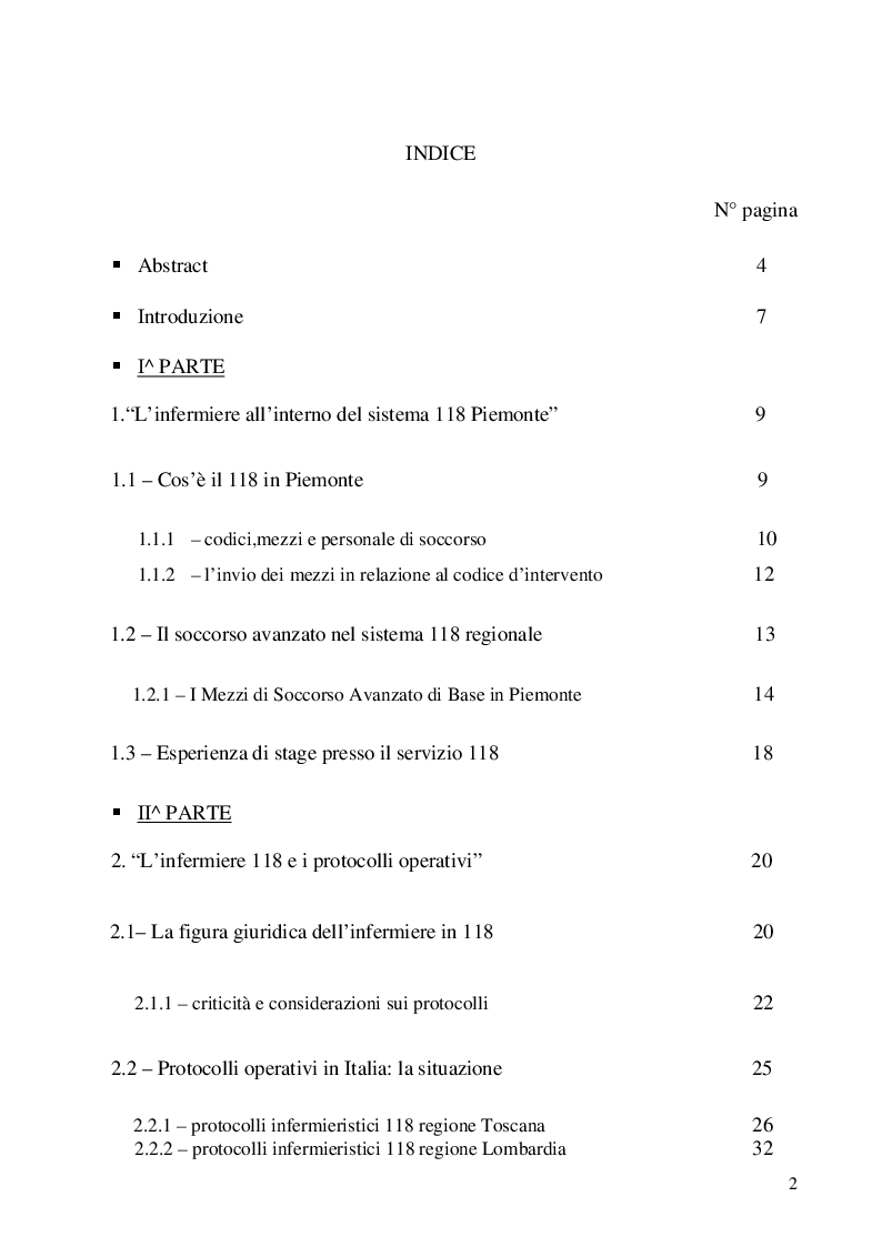 Indice della tesi: Protocolli operativi per l'infermiere 118: autonomia e responsabilità, Pagina 1