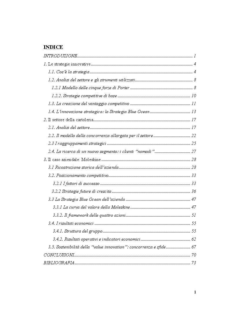 Indice della tesi: L’innovazione di valore nella Strategia Blue Ocean: il caso Moleskine, Pagina 1