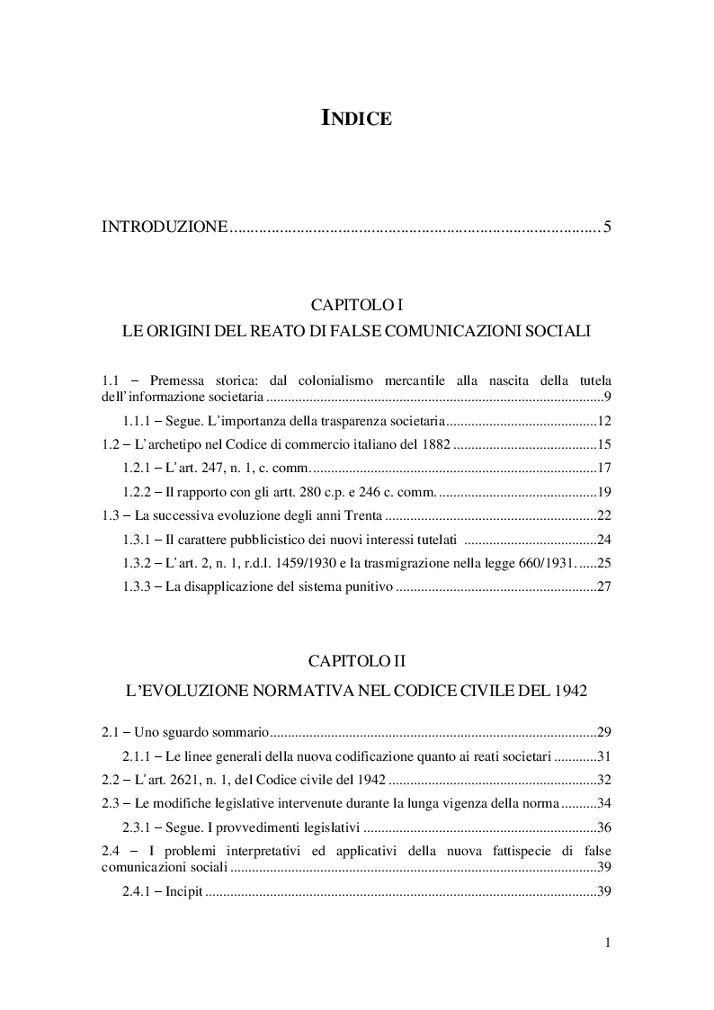 Indice della tesi: Evoluzione storica e quadro normativo attuale del reato di false comunicazioni sociali, Pagina 1