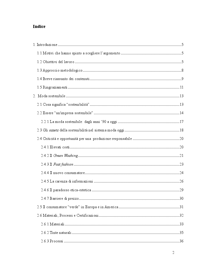 Indice della tesi: Il settore della moda sostenibile. Il lancio di una nuova linea., Pagina 1