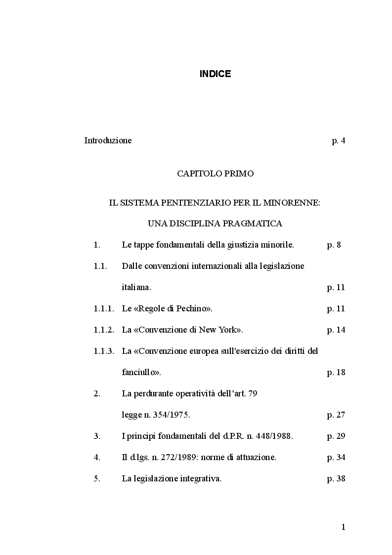 Indice della tesi: La rieducazione del minorenne tra le mura del penitenziario, Pagina 1
