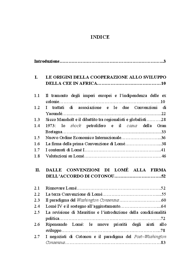 Indice della tesi: Unione Europea e Africa: la cooperazione allo sviluppo dalle origini ai giorni nostri, Pagina 1