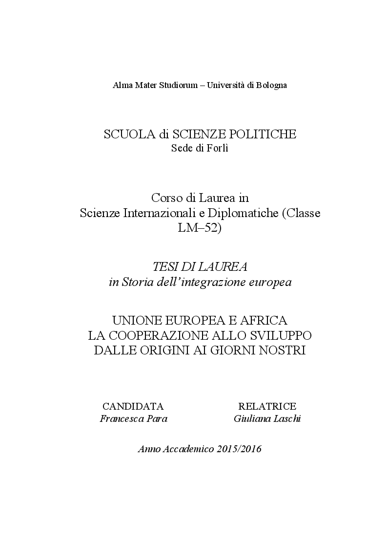 Anteprima della tesi: Unione Europea e Africa: la cooperazione allo sviluppo dalle origini ai giorni nostri, Pagina 1