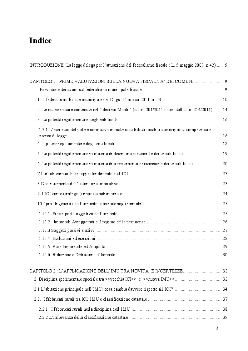 Indice della tesi: L'imposta municipale urbana, il ruolo del comune nell'ottica del federalismo fiscale, Pagina 1