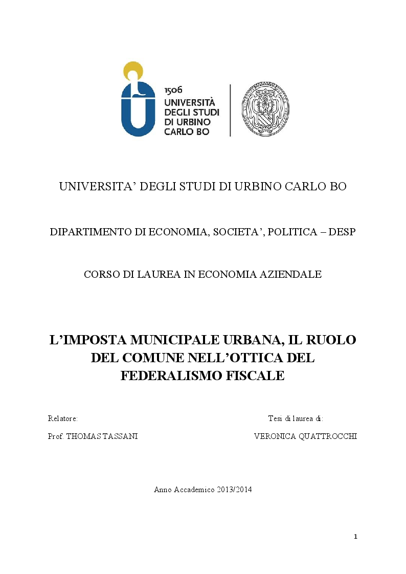 Anteprima della tesi: L'imposta municipale urbana, il ruolo del comune nell'ottica del federalismo fiscale, Pagina 1