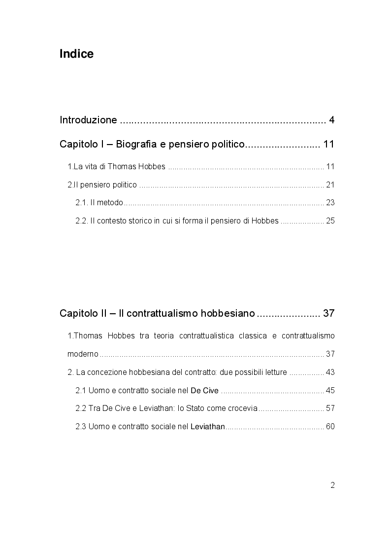 Indice della tesi: Il contratto sociale in Thomas Hobbes: analisi dei testi e riletture storiografiche, Pagina 1