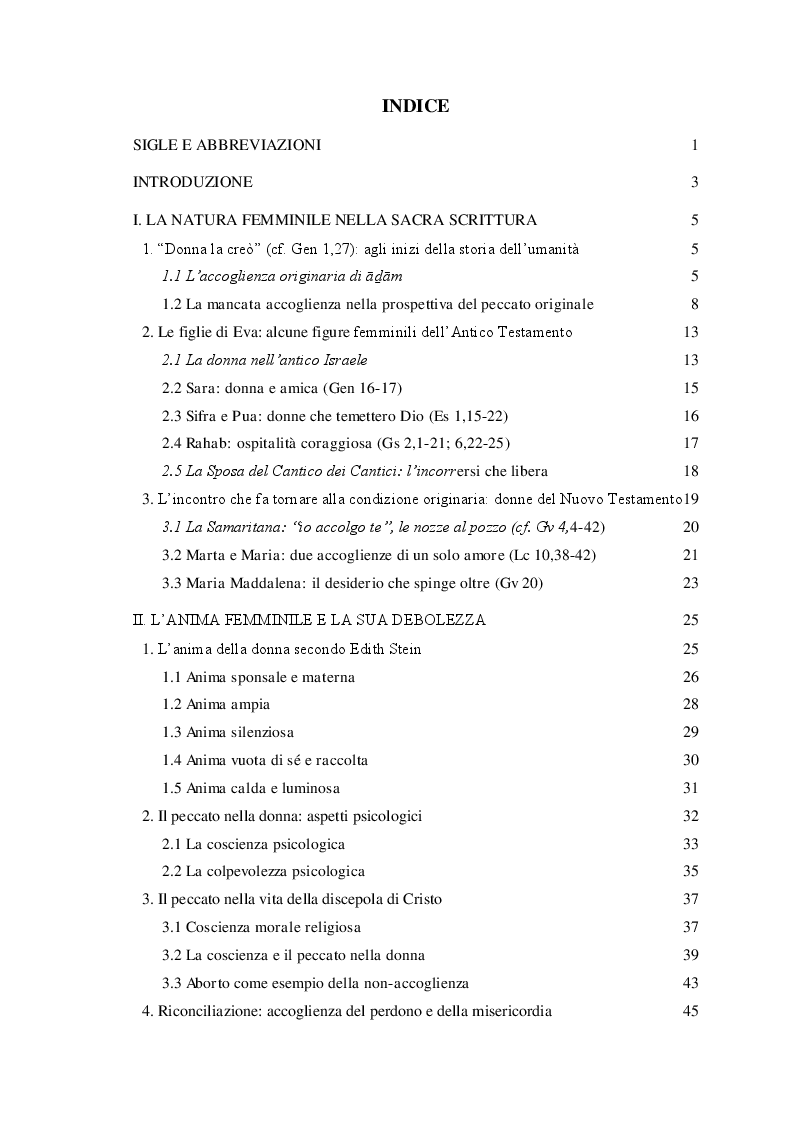 Indice della tesi: Il peccato al femminile: la non-accoglienza nella donna alla luce del pensiero di Edith Stein, Pagina 1