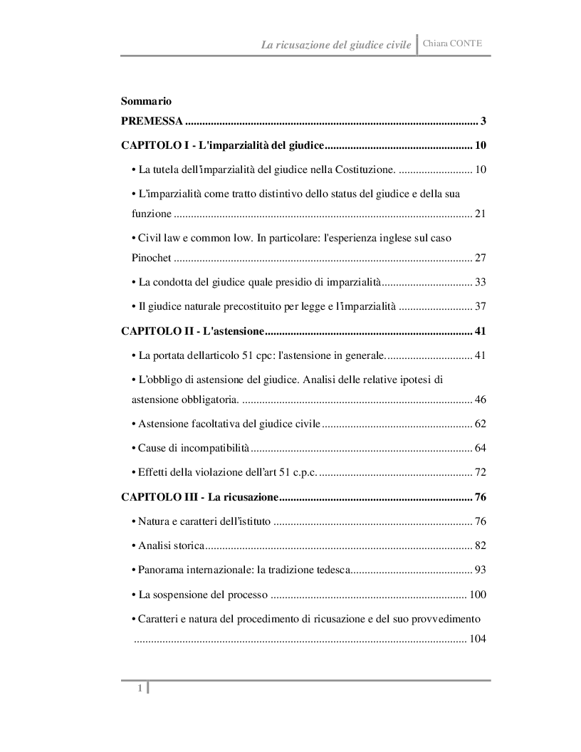 Indice della tesi: La ricusazione del giudice civile , Pagina 1