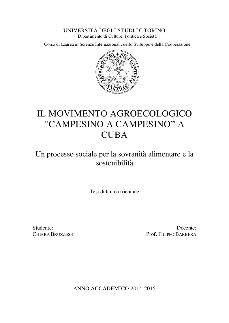 Anteprima della tesi: Il movimento agroecologico “Campesino a Campesino" a Cuba - Un processo sociale per la sovranità alimentare e la sostenibilità , Pagina 1