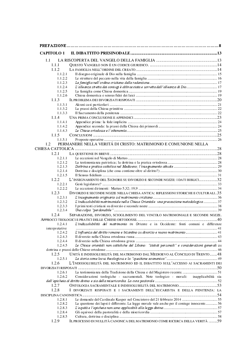 Indice della tesi: Il sinodo sulla famiglia 2014 e i presupposti canonici per la conciliazione delle divergenze, Pagina 1