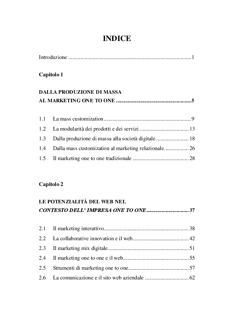 Indice della tesi: Personalizzare il prodotto: Il marketing one to one nell’era globale di Internet, Pagina 1