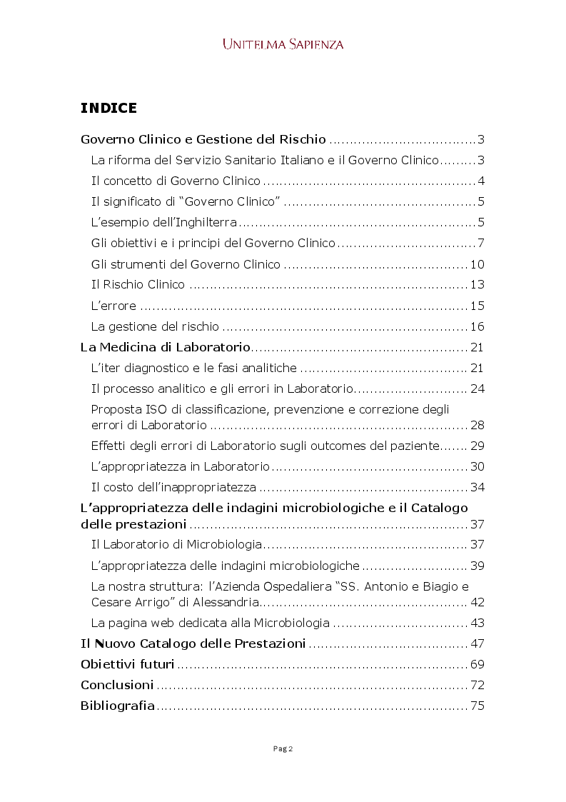 Indice della tesi: Il Catalogo delle Prestazioni, uno strumento per migliorare l’appropriatezza delle indagini microbiologiche, Pagina 1