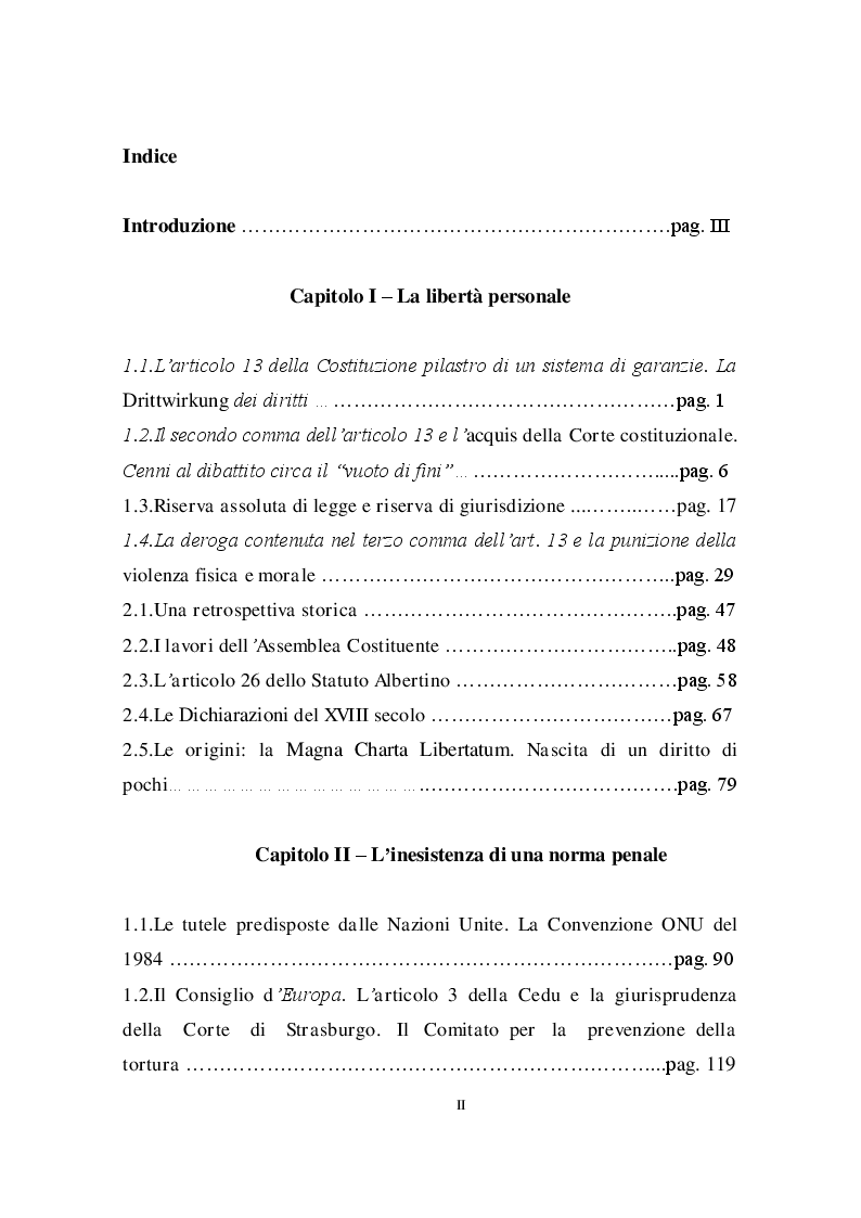 Indice della tesi: Il delitto di tortura in Italia. Dall'habeas corpus alla norma penale, Pagina 1