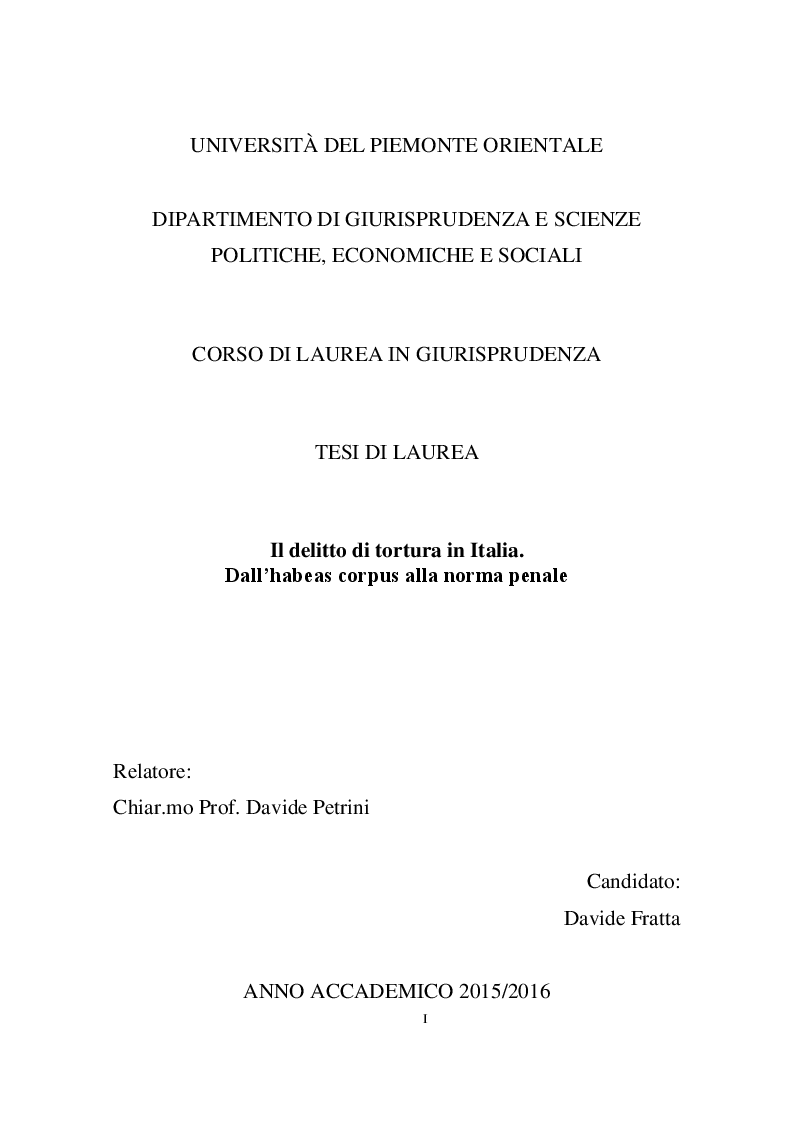 Anteprima della tesi: Il delitto di tortura in Italia. Dall'habeas corpus alla norma penale, Pagina 1
