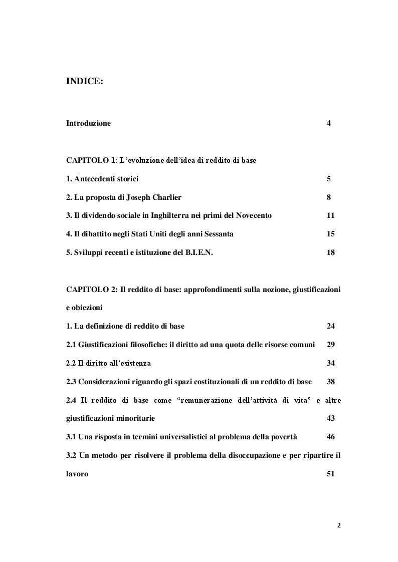 Indice della tesi: Il reddito di base: le principali questioni aperte, Pagina 1