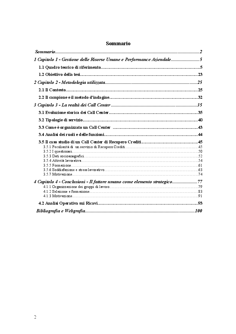 Indice della tesi: Progettazione organizzativa: il ruolo della gestione delle risorse umane nei servizi di call center, Pagina 1