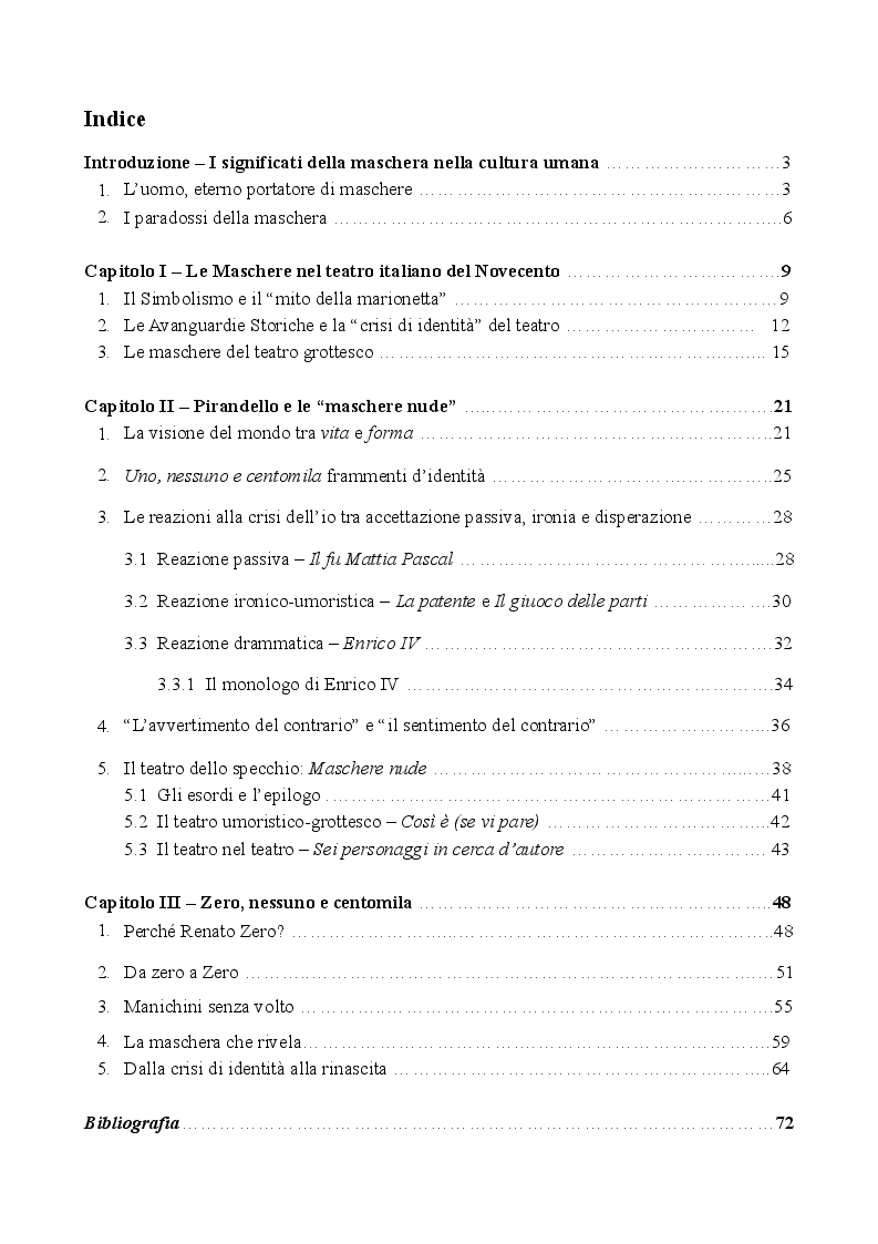 Indice della tesi: La maschera nel teatro italiano del ‘900: l'inedito incontro tra Pirandello e Zero, Pagina 1