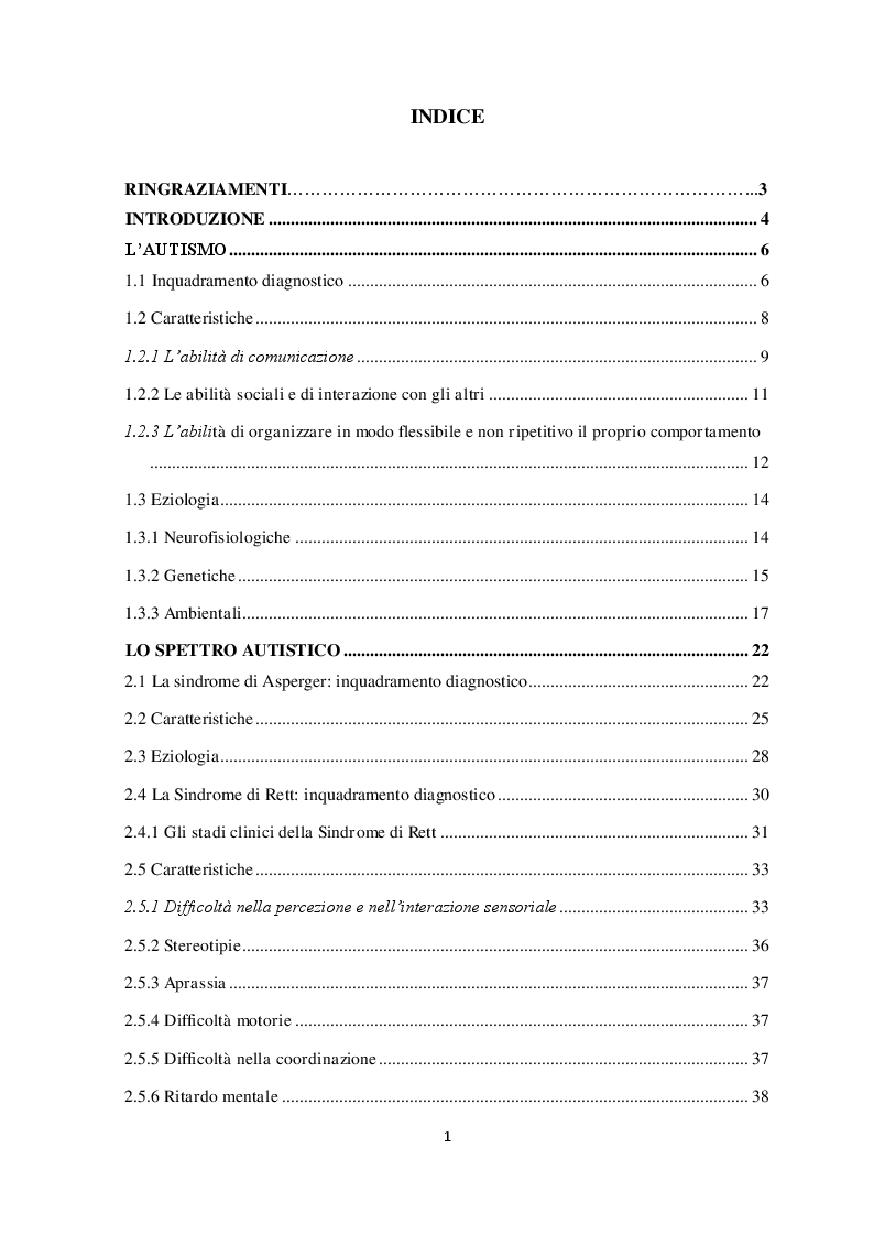 Indice della tesi: L'autismo e il rapporto con l'animale terapeuta, Pagina 1