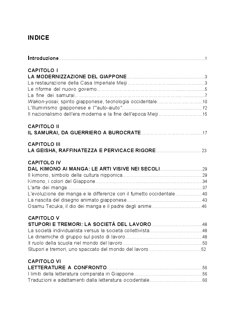 Indice della tesi: Il Giappone modernizzato tra il XIX e il XX secolo attraverso la letteratura e le arti visive, Pagina 1