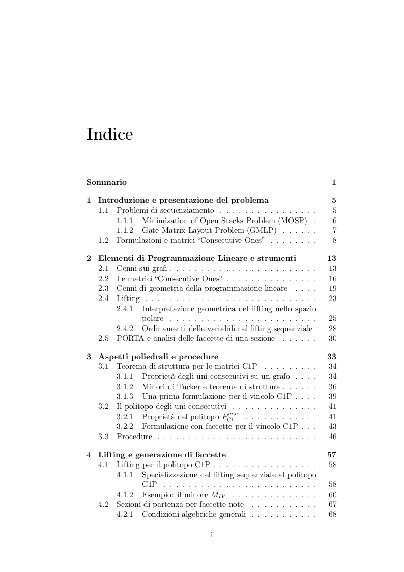 Indice della tesi: Lifting e generazione di disuguaglianze per il politopo delle matrici “Consecutive Ones”, Pagina 1
