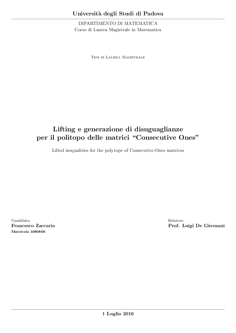 Anteprima della tesi: Lifting e generazione di disuguaglianze per il politopo delle matrici “Consecutive Ones”, Pagina 1