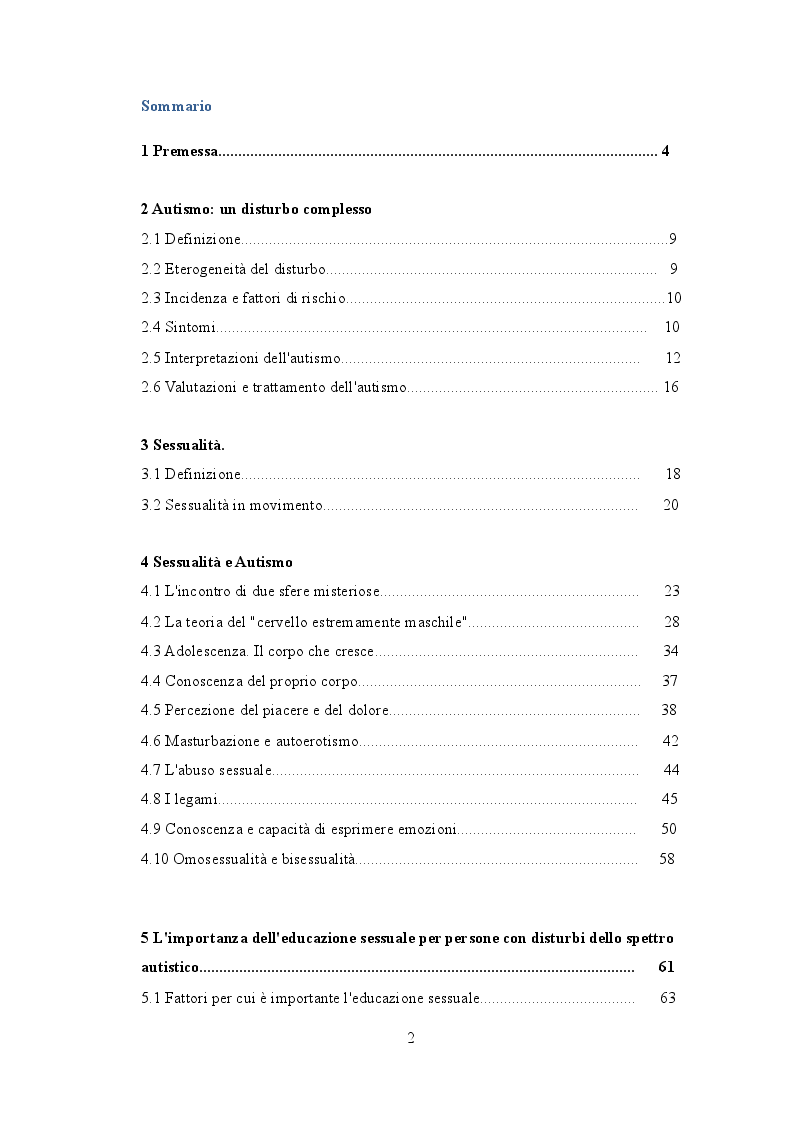Indice della tesi: Autismo e sessualità: l'importanza dell'educazione sessuale, Pagina 1