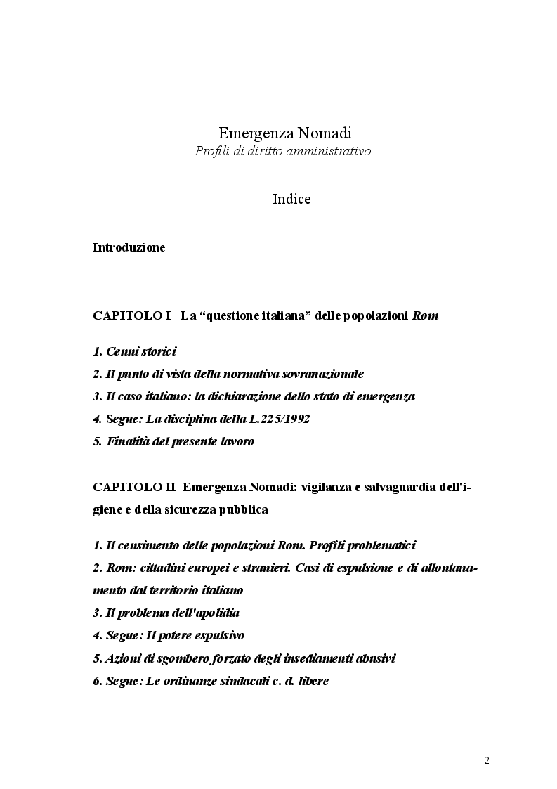 Indice della tesi: Emergenza Nomadi. Profili di diritto amministrativo., Pagina 1