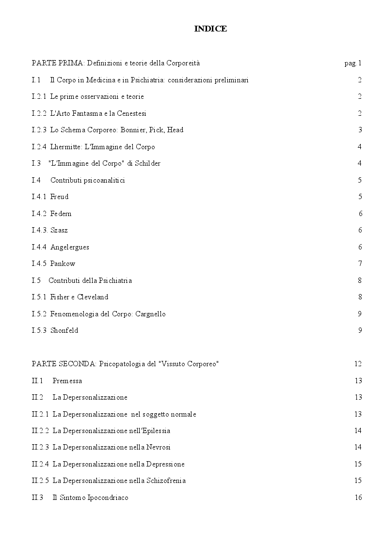 Indice della tesi: Elaborazione di un sistema per lo studio dell'Immagine del Corpo in Psicopatologia, Pagina 1