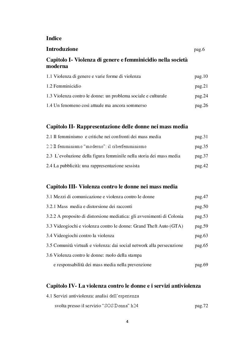 Indice della tesi: Rappresentazione dei mass media della violenza maschile contro le donne, Pagina 1