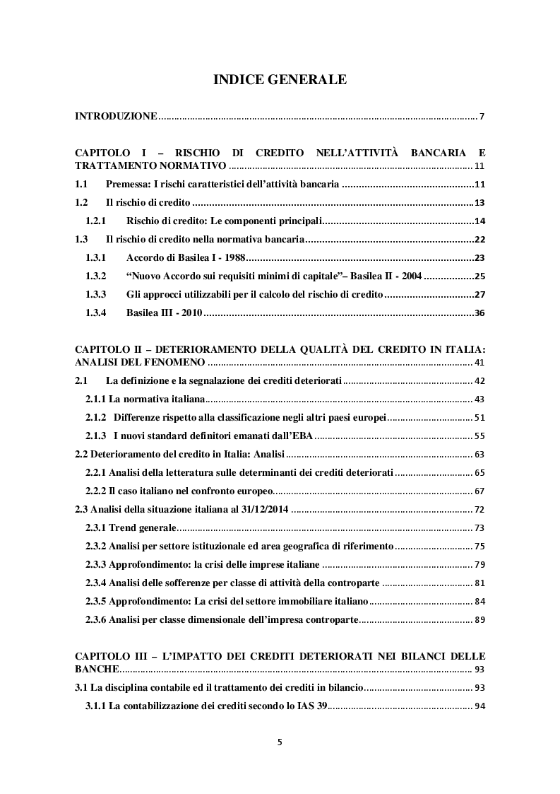 Indice della tesi: Il deterioramento della qualità del credito in italia: analisi del fenomeno e delle possibili soluzioni, Pagina 1