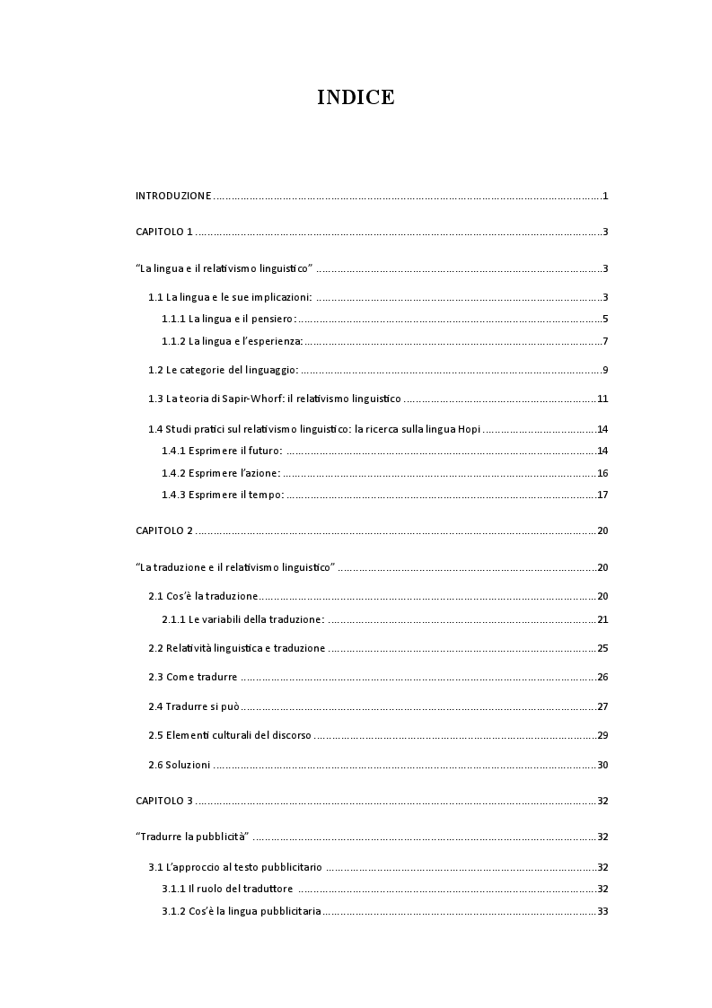 Indice della tesi: Relativismo linguistico: l'efficacia della traduzione, Pagina 1